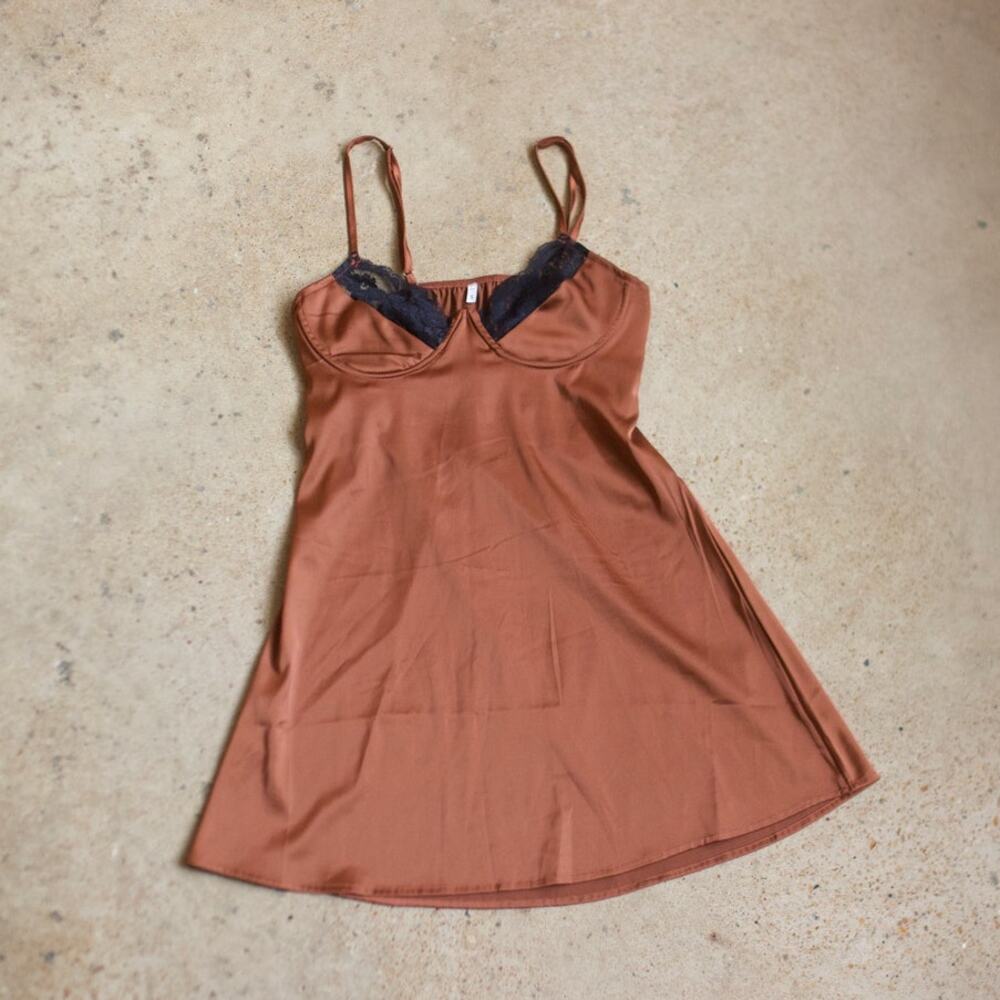 Silky Rust Brown Lace Mini Dress Y2K 90s Satin Lingerie Style Dress Small